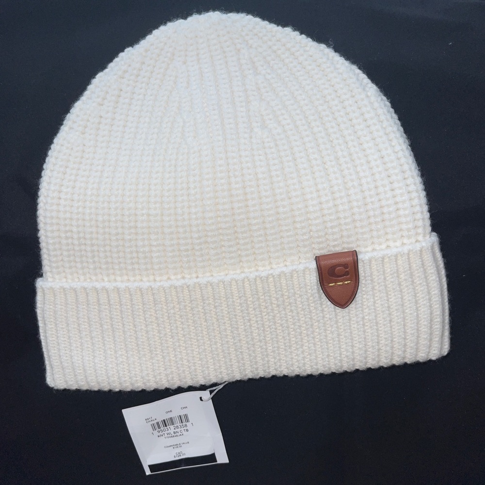 NWT Coach Knit Wool
Hat Beanie ‘Chalk Colored’
With Leather C